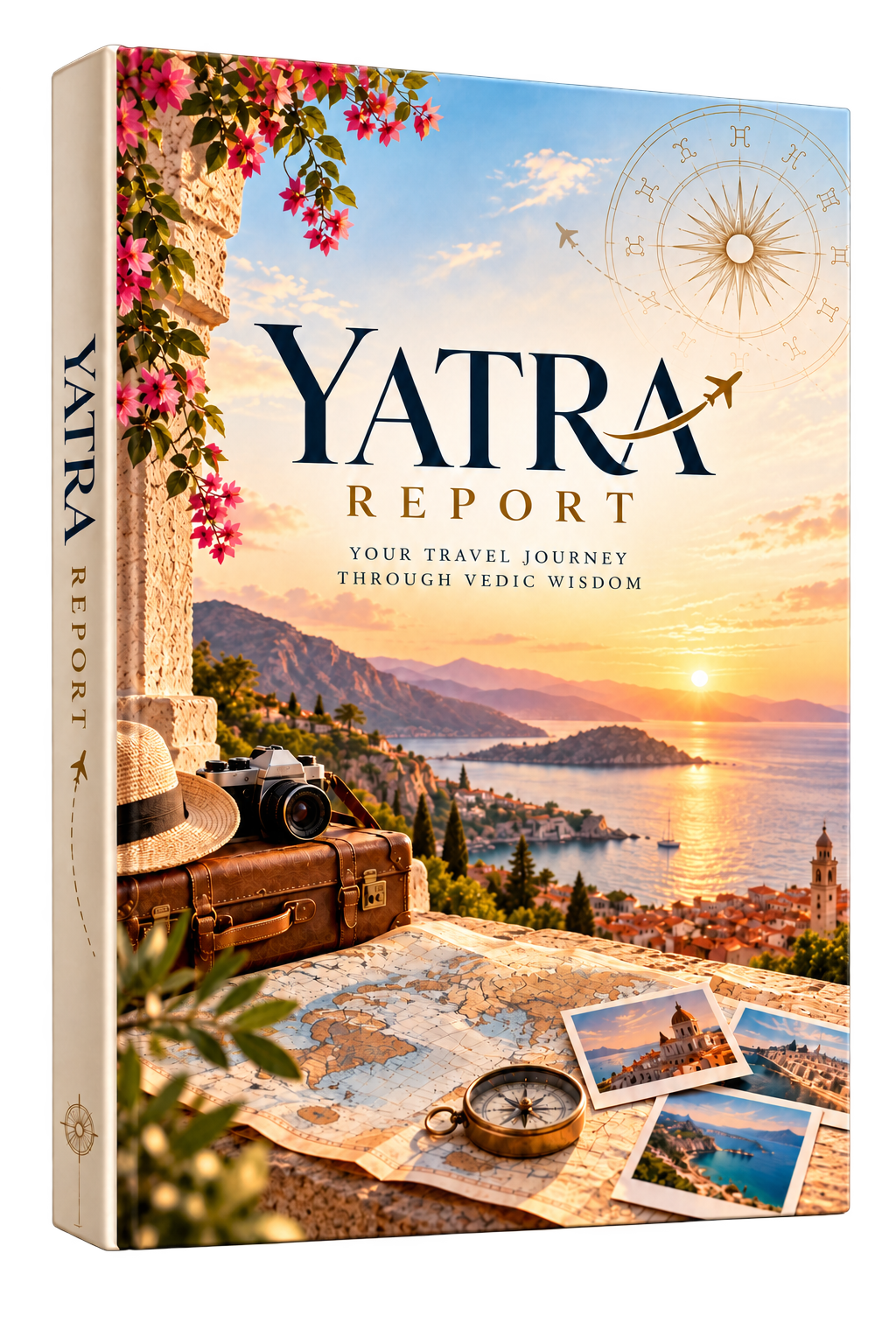 Yatra Report book cover with travel scenery, a map, and a compass